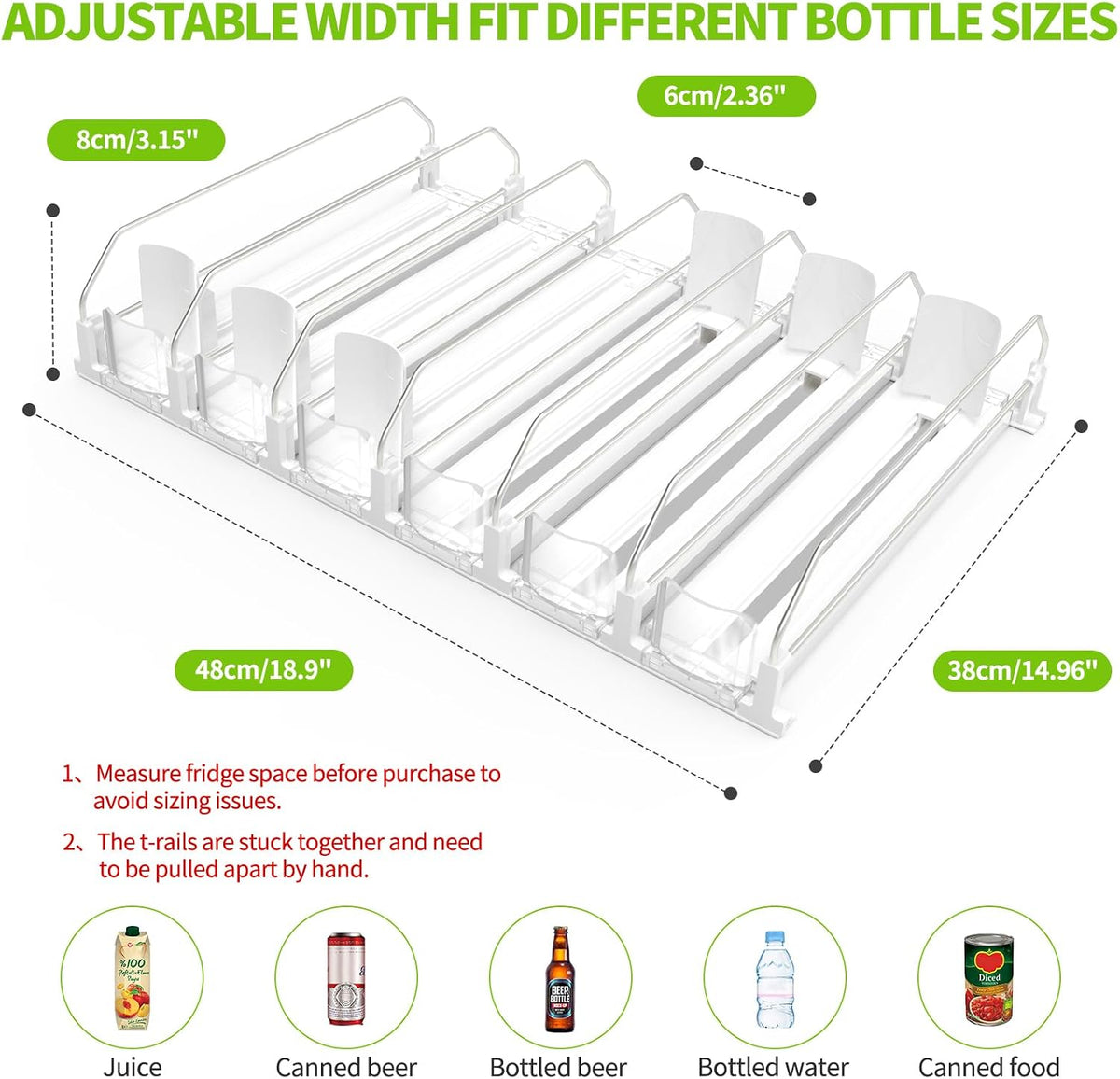 Drink Organizer for Fridge, Soda Can Organizer for Refrigerator with Automatic Pusher Glide, Adjustable Width Drink Dispenser for Fridge, Holds up to 25 Cans or Bottles, 5 Row
