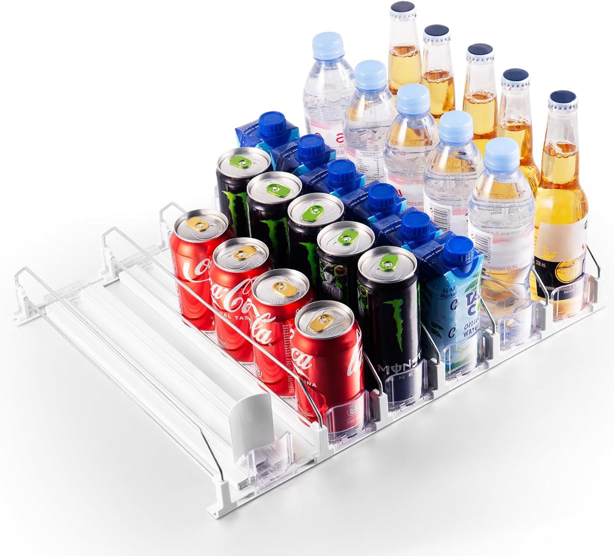 Drink Organizer for Fridge, Soda Can Organizer for Refrigerator with Automatic Pusher Glide, Adjustable Width Drink Dispenser for Fridge, Holds up to 25 Cans or Bottles, 5 Row