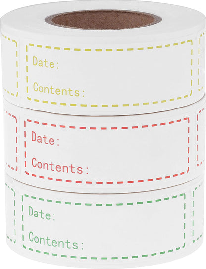900 Pieces Removable Food Storage Labels, 3 Rolls (Red, Yellow, Green), 3x1in, Freezer & Refrigerator Labels