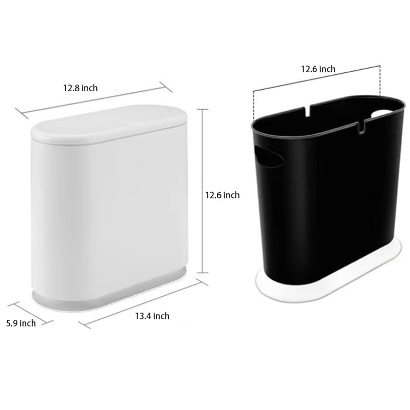 White Slim Rectangular Plastic Trash Can with Press Type Lid,12 Liter / 3.2 Gallon Narrow Trash Bin with Pop-up Lid for Toilet,Bedroom,Bathroom,Office,Kitchen,Powder Room