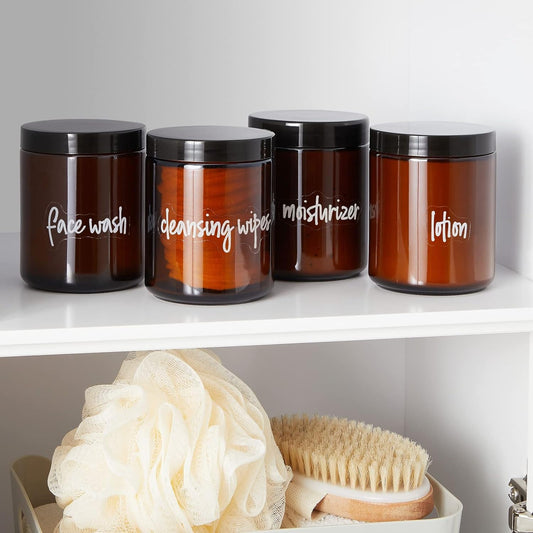 Bathroom Organization Labels White Script - 192-Pack Various Sizes - Clear Vinyl Water-Resistant Preprinted Lettering for Bathroom Storage & Essentials