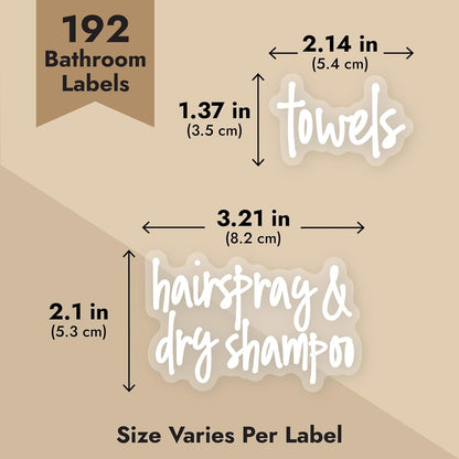 Bathroom Organization Labels White Script - 192-Pack Various Sizes - Clear Vinyl Water-Resistant Preprinted Lettering for Bathroom Storage & Essentials