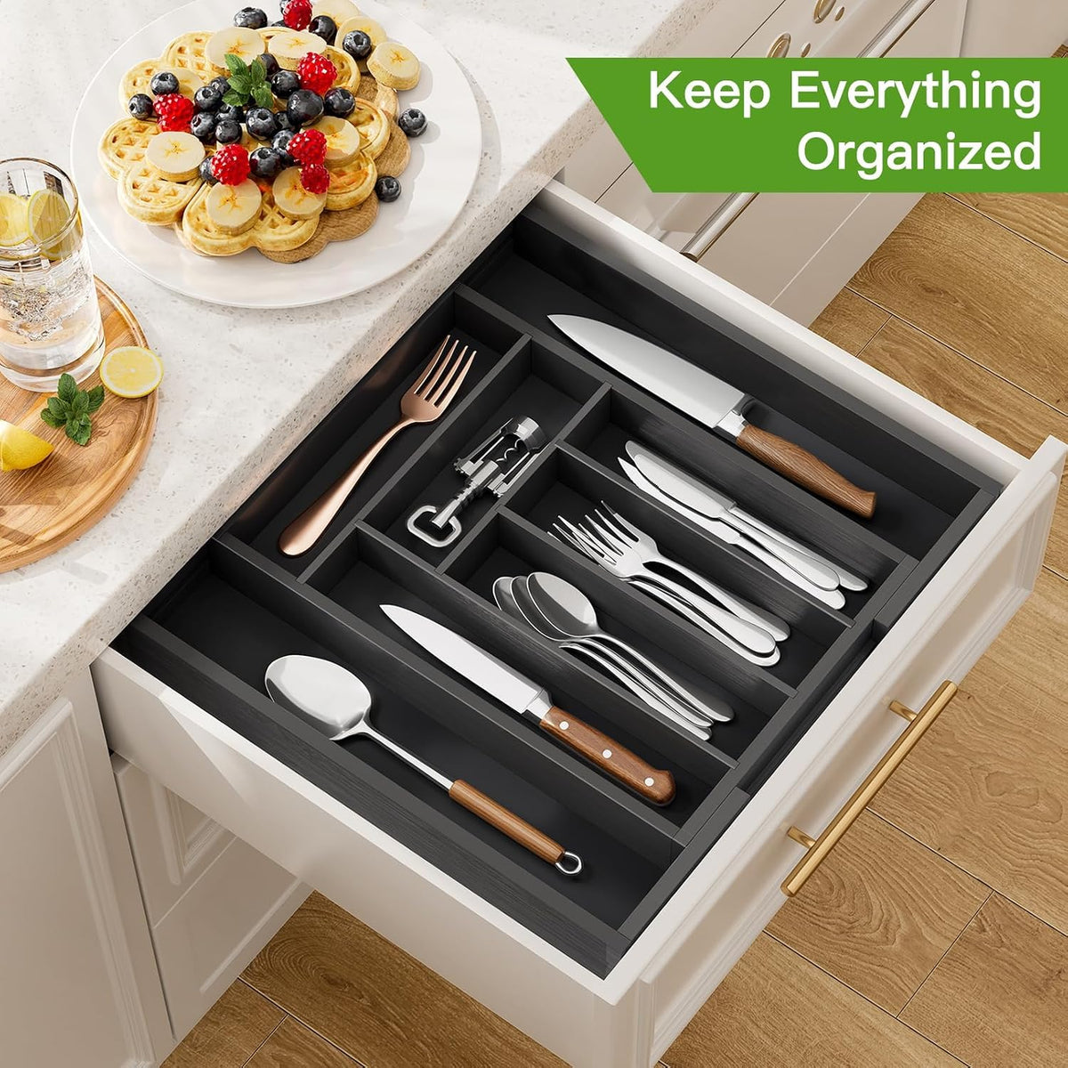 Bamboo Expandable Silverware Drawer Organizer, Adjustable Kitchen Utensil Tray for Forks, Spoons and Knives, Wood Storage Cutlery Holder for Bedroom and Living Room