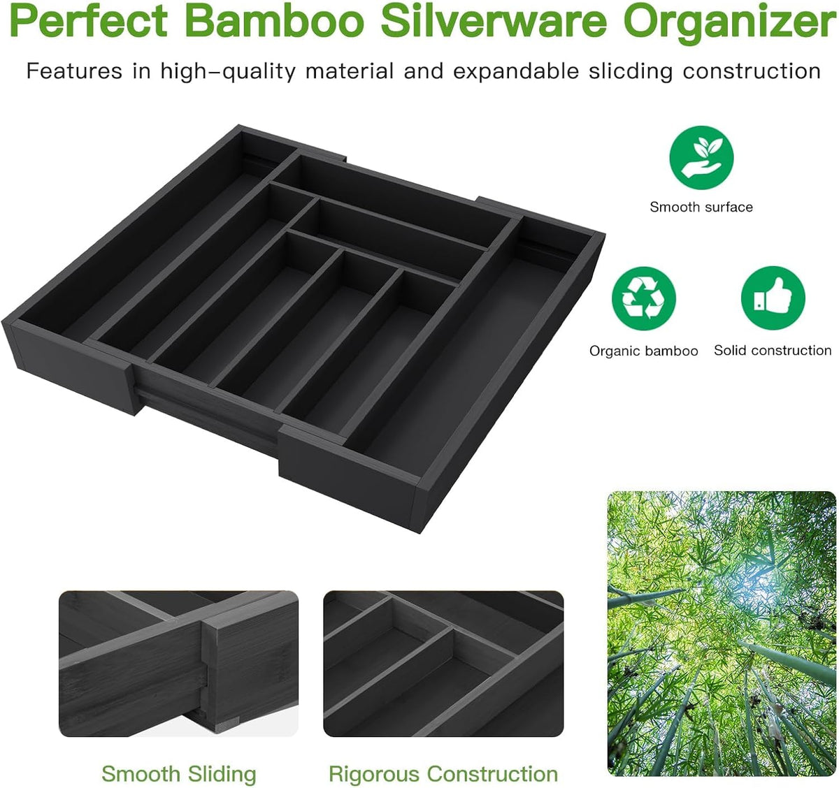 Bamboo Expandable Silverware Drawer Organizer, Adjustable Kitchen Utensil Tray for Forks, Spoons and Knives, Wood Storage Cutlery Holder for Bedroom and Living Room