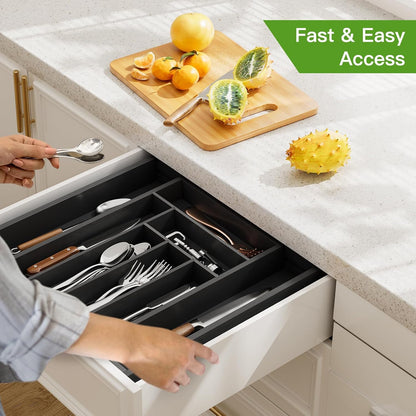Bamboo Expandable Silverware Drawer Organizer, Adjustable Kitchen Utensil Tray for Forks, Spoons and Knives, Wood Storage Cutlery Holder for Bedroom and Living Room