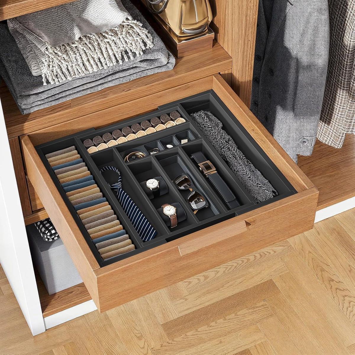 Bamboo Expandable Silverware Drawer Organizer, Adjustable Kitchen Utensil Tray for Forks, Spoons and Knives, Wood Storage Cutlery Holder for Bedroom and Living Room