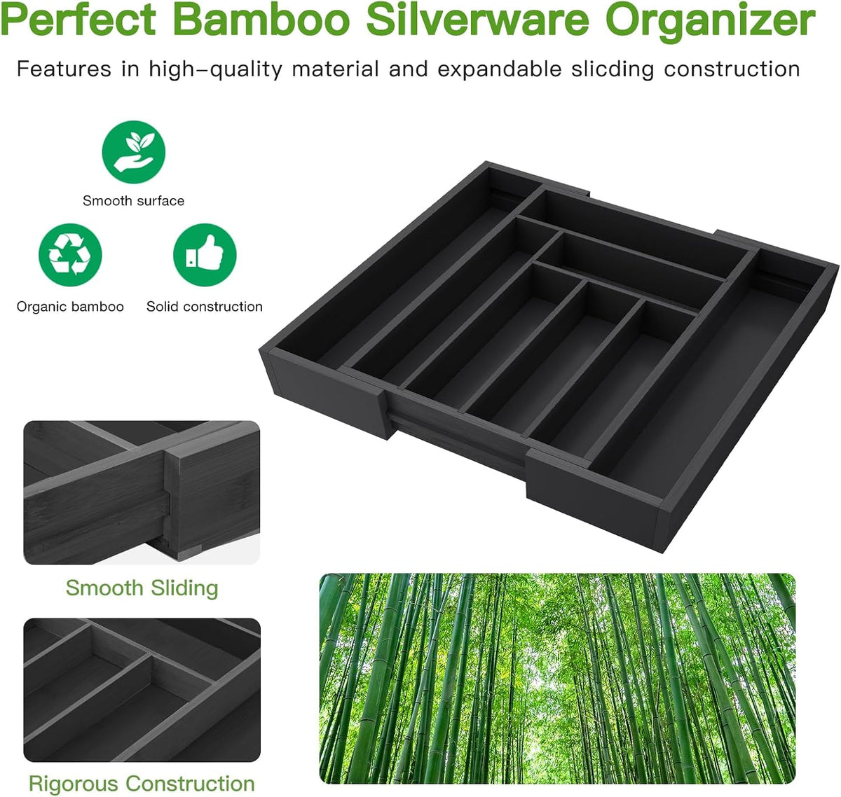 Bamboo Expandable Silverware Drawer Organizer, Adjustable Kitchen Utensil Tray for Forks, Spoons and Knives, Wood Storage Cutlery Holder for Bedroom and Living Room