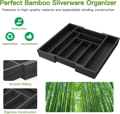 Bamboo Expandable Silverware Drawer Organizer, Adjustable Kitchen Utensil Tray for Forks, Spoons and Knives, Wood Storage Cutlery Holder for Bedroom and Living Room