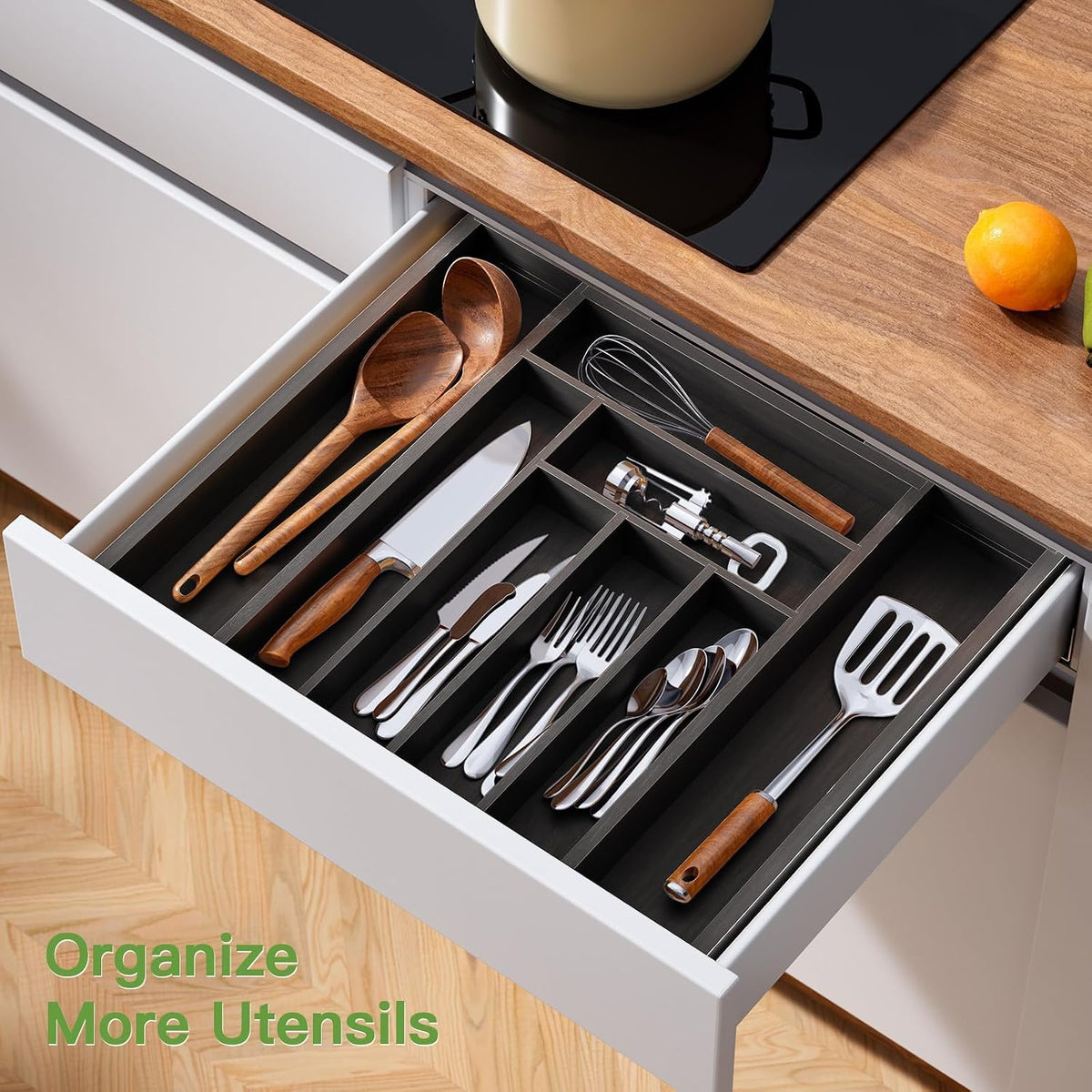 Bamboo Expandable Silverware Drawer Organizer, Adjustable Kitchen Utensil Tray for Forks, Spoons and Knives, Wood Storage Cutlery Holder for Bedroom and Living Room