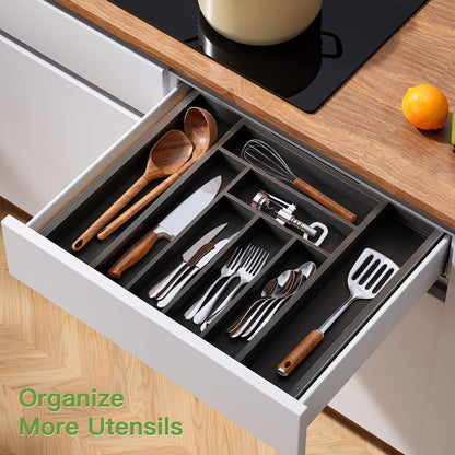 Bamboo Expandable Silverware Drawer Organizer, Adjustable Kitchen Utensil Tray for Forks, Spoons and Knives, Wood Storage Cutlery Holder for Bedroom and Living Room
