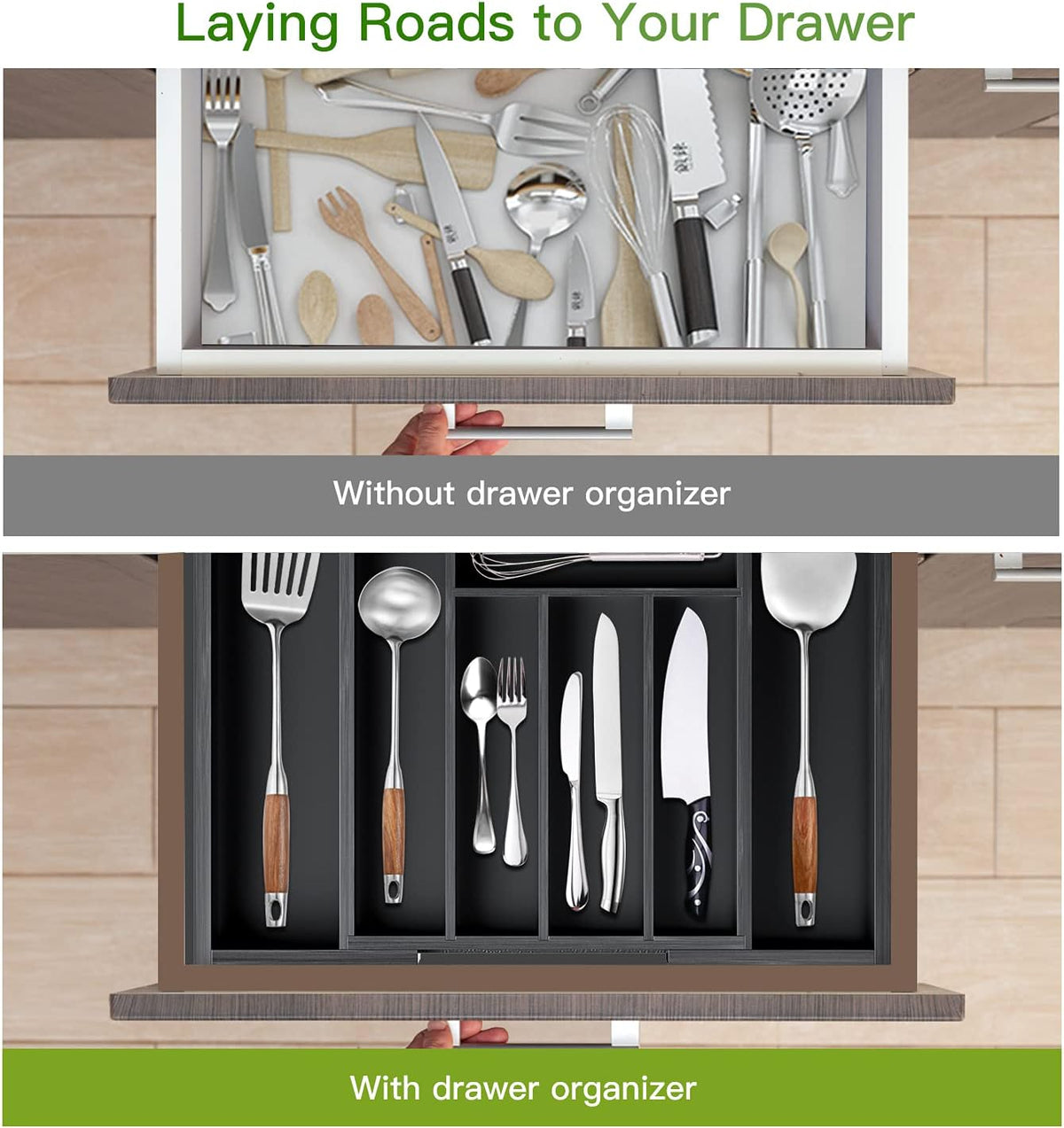 Bamboo Expandable Silverware Drawer Organizer, Adjustable Kitchen Utensil Tray for Forks, Spoons and Knives, Wood Storage Cutlery Holder for Bedroom and Living Room