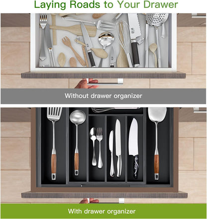 Bamboo Expandable Silverware Drawer Organizer, Adjustable Kitchen Utensil Tray for Forks, Spoons and Knives, Wood Storage Cutlery Holder for Bedroom and Living Room