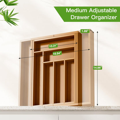 Bamboo Expandable Silverware Drawer Organizer, Adjustable Kitchen Utensil Tray for Forks, Spoons and Knives, Wood Storage Cutlery Holder for Bedroom and Living Room