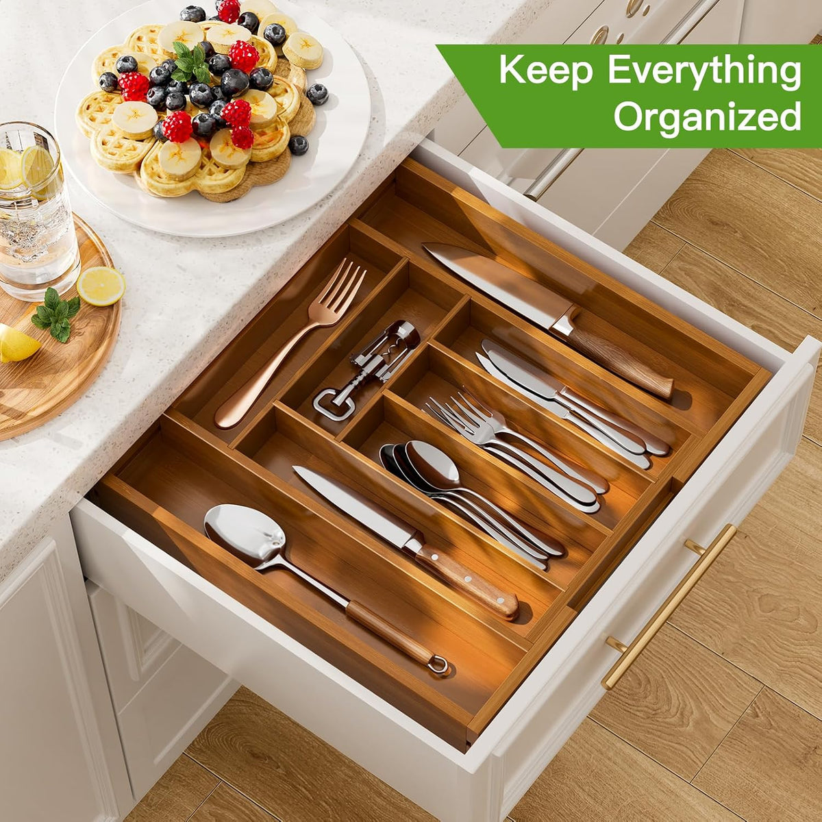 Bamboo Expandable Silverware Drawer Organizer, Adjustable Kitchen Utensil Tray for Forks, Spoons and Knives, Wood Storage Cutlery Holder for Bedroom and Living Room