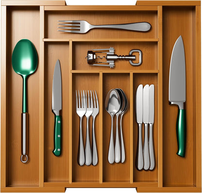 Bamboo Expandable Silverware Drawer Organizer, Adjustable Kitchen Utensil Tray for Forks, Spoons and Knives, Wood Storage Cutlery Holder for Bedroom and Living Room