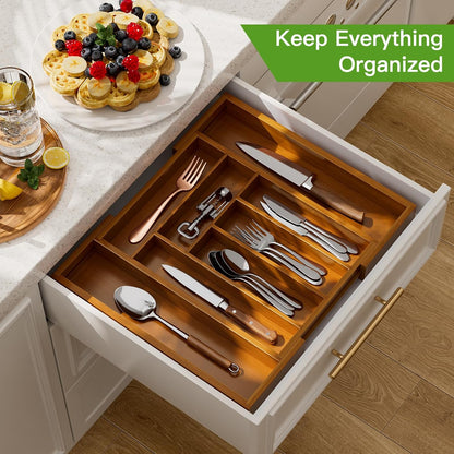Bamboo Expandable Silverware Drawer Organizer, Adjustable Kitchen Utensil Tray for Forks, Spoons and Knives, Wood Storage Cutlery Holder for Bedroom and Living Room