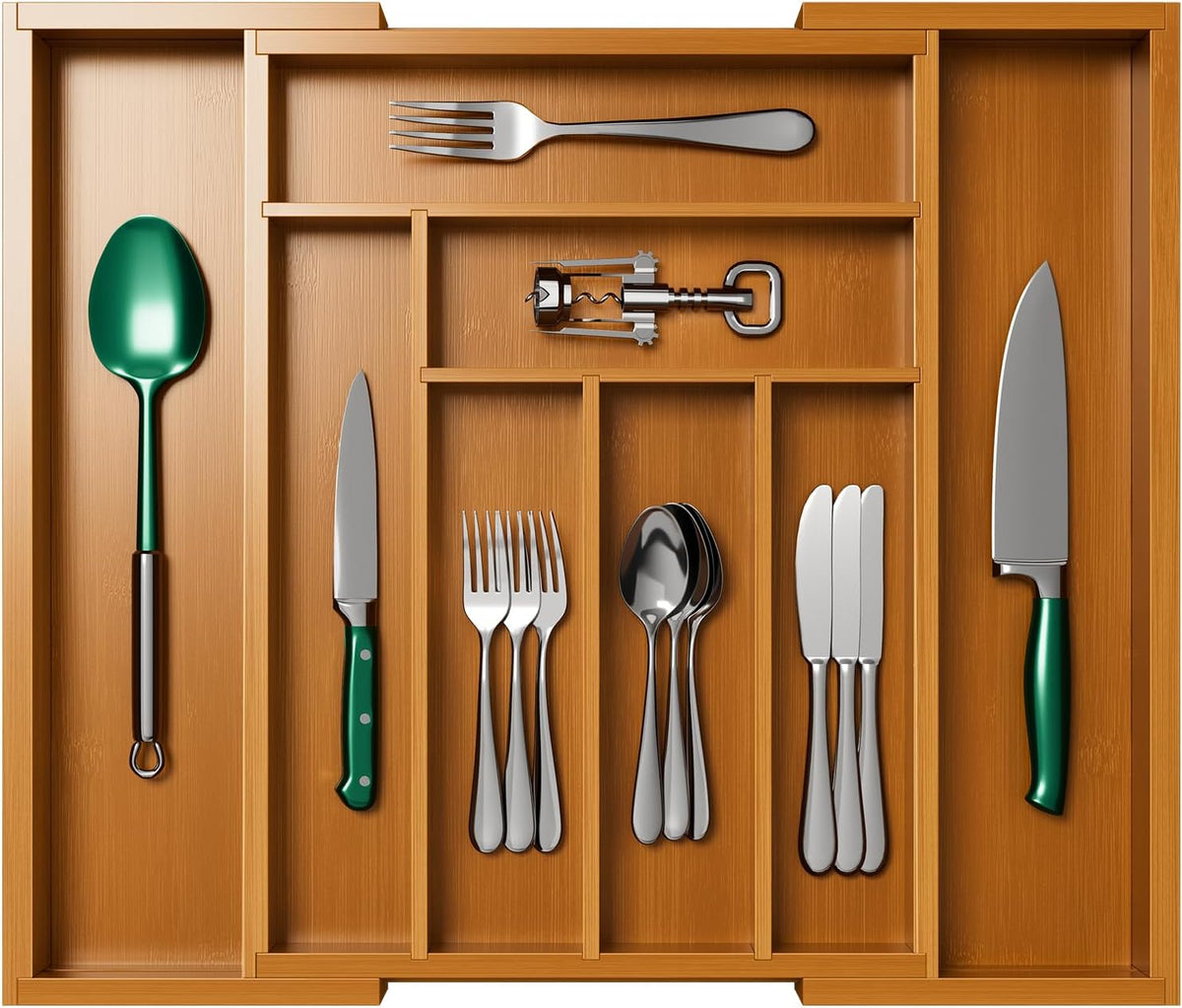 Bamboo Expandable Silverware Drawer Organizer, Adjustable Kitchen Utensil Tray for Forks, Spoons and Knives, Wood Storage Cutlery Holder for Bedroom and Living Room