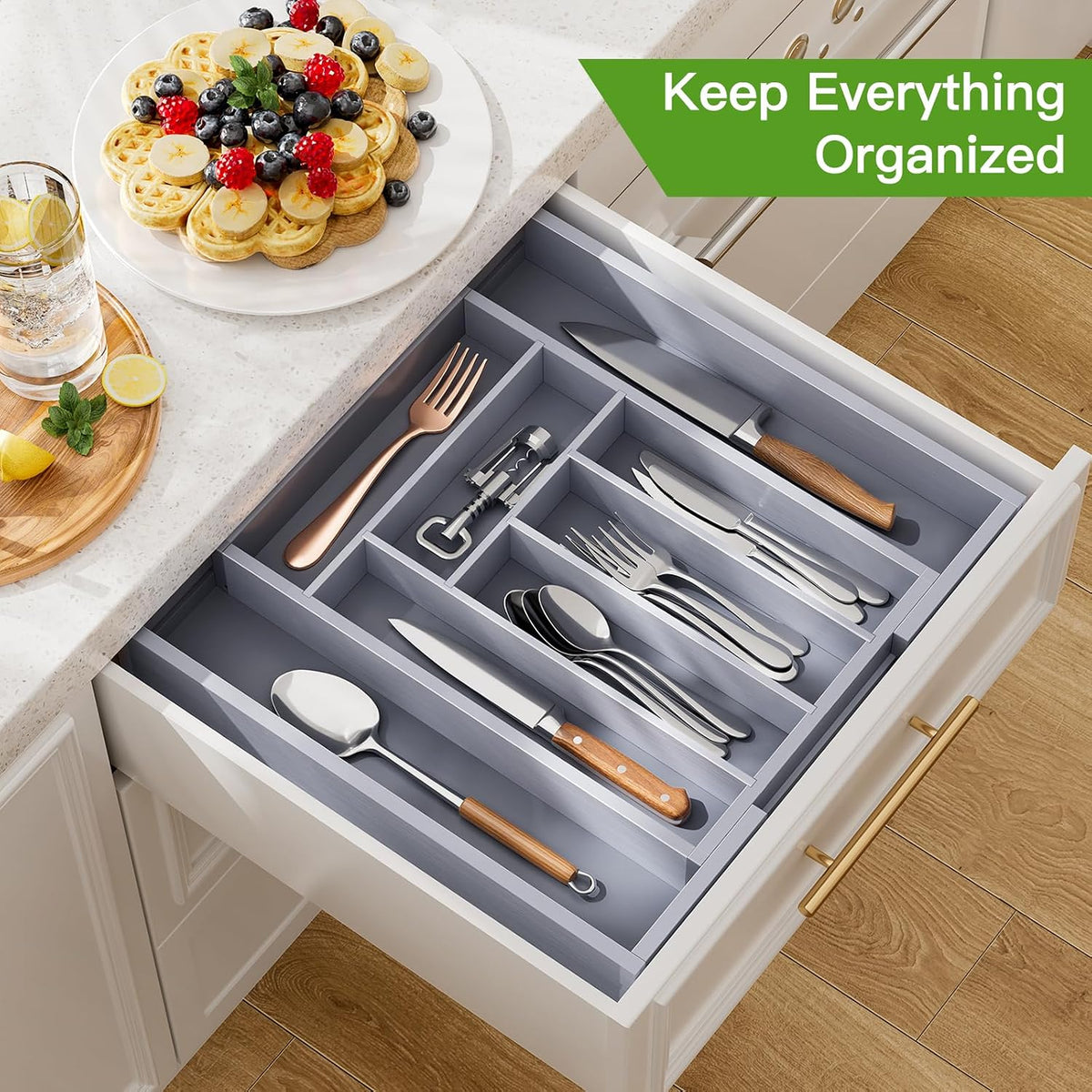 Bamboo Expandable Silverware Drawer Organizer, Adjustable Kitchen Utensil Tray for Forks, Spoons and Knives, Wood Storage Cutlery Holder for Bedroom and Living Room