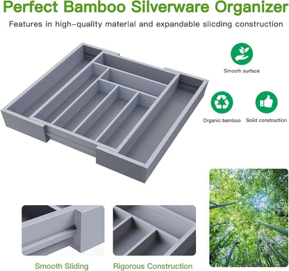 Bamboo Expandable Silverware Drawer Organizer, Adjustable Kitchen Utensil Tray for Forks, Spoons and Knives, Wood Storage Cutlery Holder for Bedroom and Living Room