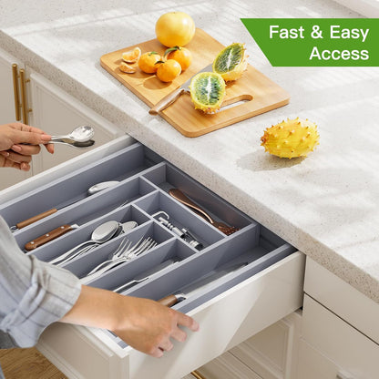Bamboo Expandable Silverware Drawer Organizer, Adjustable Kitchen Utensil Tray for Forks, Spoons and Knives, Wood Storage Cutlery Holder for Bedroom and Living Room