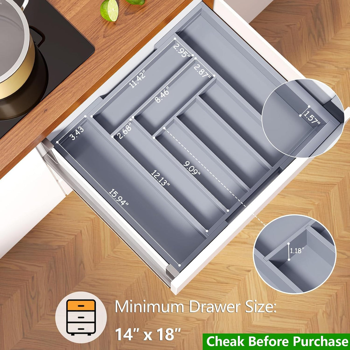 Bamboo Expandable Silverware Drawer Organizer, Adjustable Kitchen Utensil Tray for Forks, Spoons and Knives, Wood Storage Cutlery Holder for Bedroom and Living Room