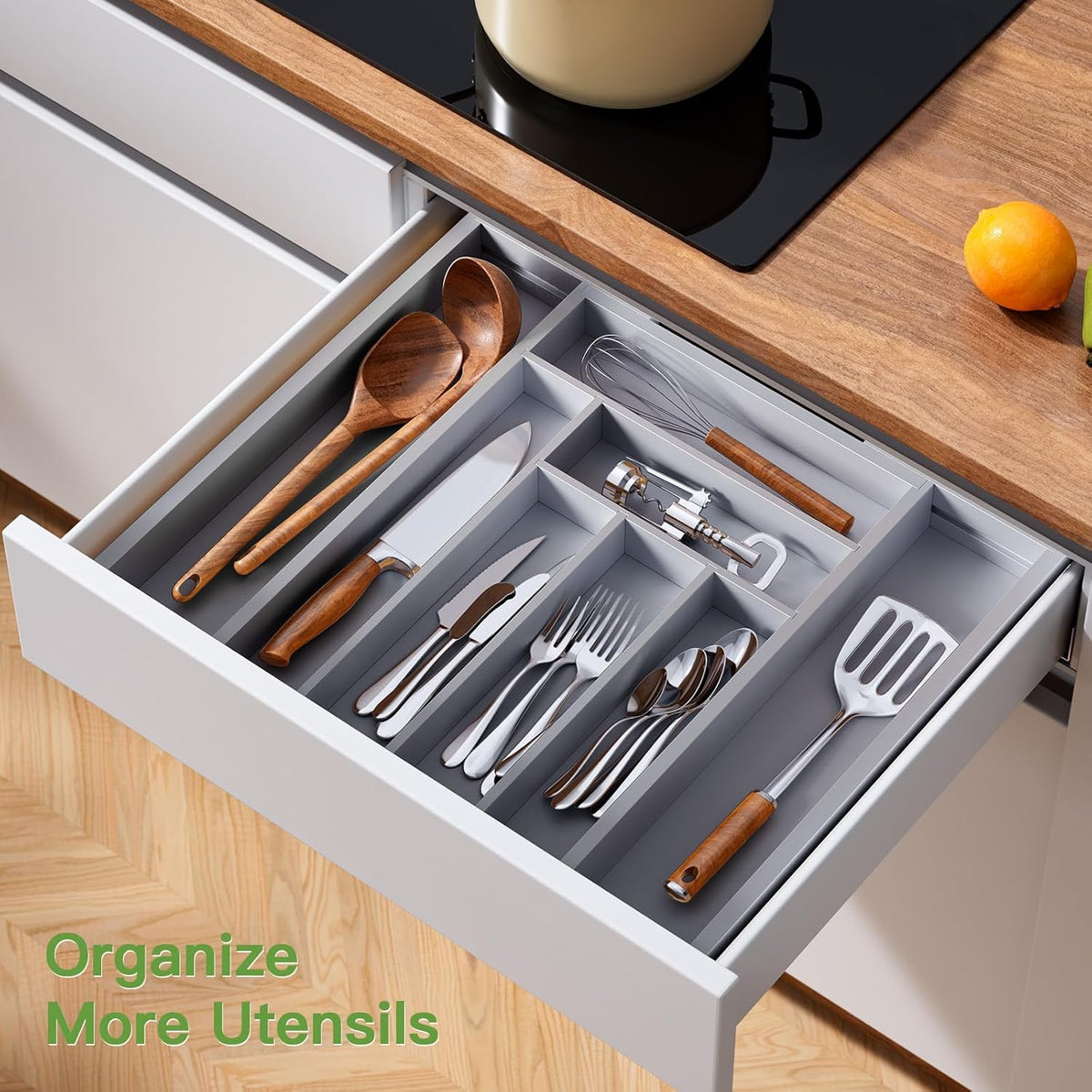 Bamboo Expandable Silverware Drawer Organizer, Adjustable Kitchen Utensil Tray for Forks, Spoons and Knives, Wood Storage Cutlery Holder for Bedroom and Living Room