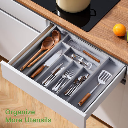 Bamboo Expandable Silverware Drawer Organizer, Adjustable Kitchen Utensil Tray for Forks, Spoons and Knives, Wood Storage Cutlery Holder for Bedroom and Living Room