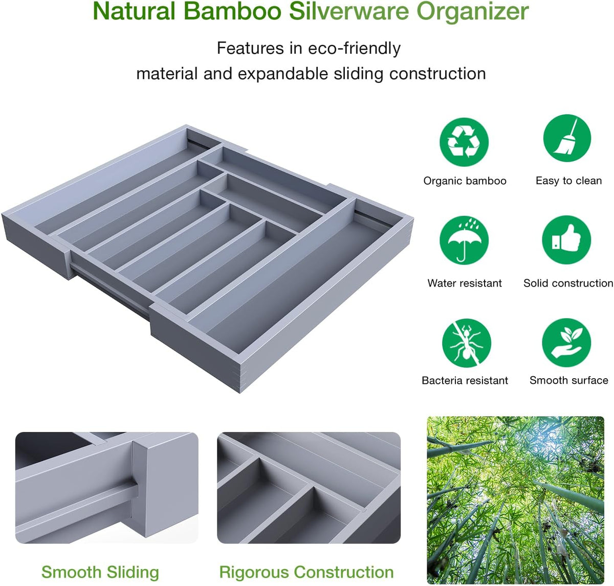 Bamboo Expandable Silverware Drawer Organizer, Adjustable Kitchen Utensil Tray for Forks, Spoons and Knives, Wood Storage Cutlery Holder for Bedroom and Living Room
