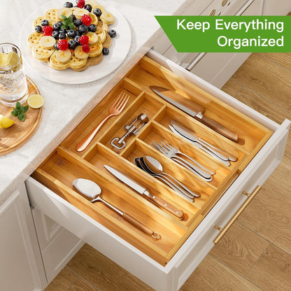 Bamboo Expandable Silverware Drawer Organizer, Adjustable Kitchen Utensil Tray for Forks, Spoons and Knives, Wood Storage Cutlery Holder for Bedroom and Living Room