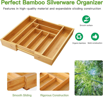 Bamboo Expandable Silverware Drawer Organizer, Adjustable Kitchen Utensil Tray for Forks, Spoons and Knives, Wood Storage Cutlery Holder for Bedroom and Living Room