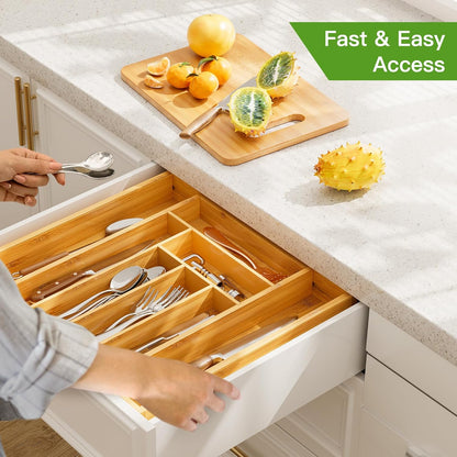 Bamboo Expandable Silverware Drawer Organizer, Adjustable Kitchen Utensil Tray for Forks, Spoons and Knives, Wood Storage Cutlery Holder for Bedroom and Living Room
