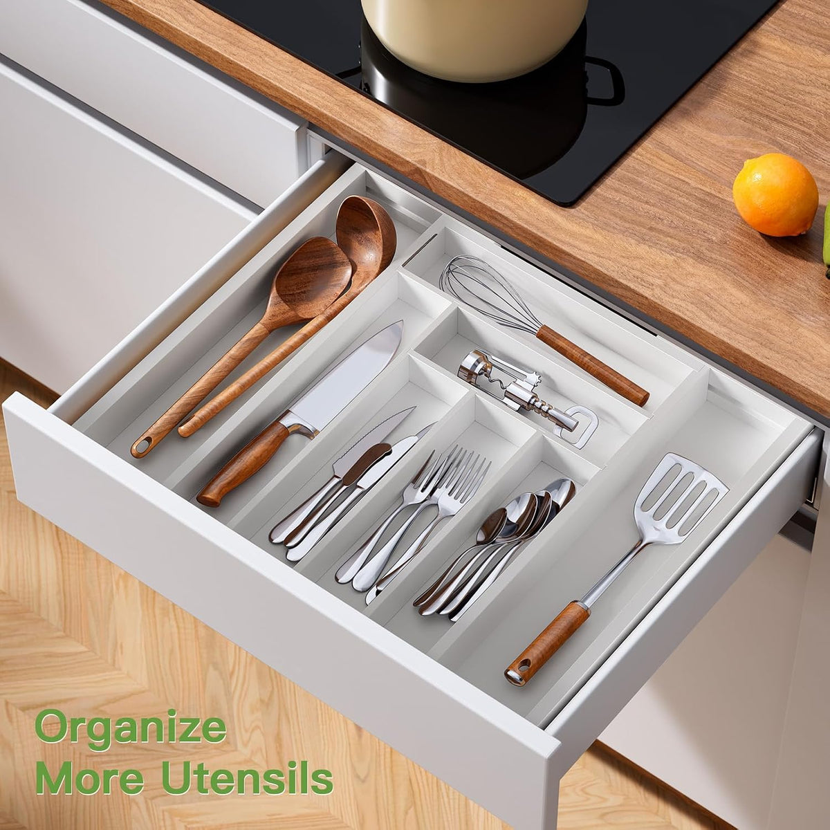 Bamboo Expandable Silverware Drawer Organizer, Adjustable Kitchen Utensil Tray for Forks, Spoons and Knives, Wood Storage Cutlery Holder for Bedroom and Living Room