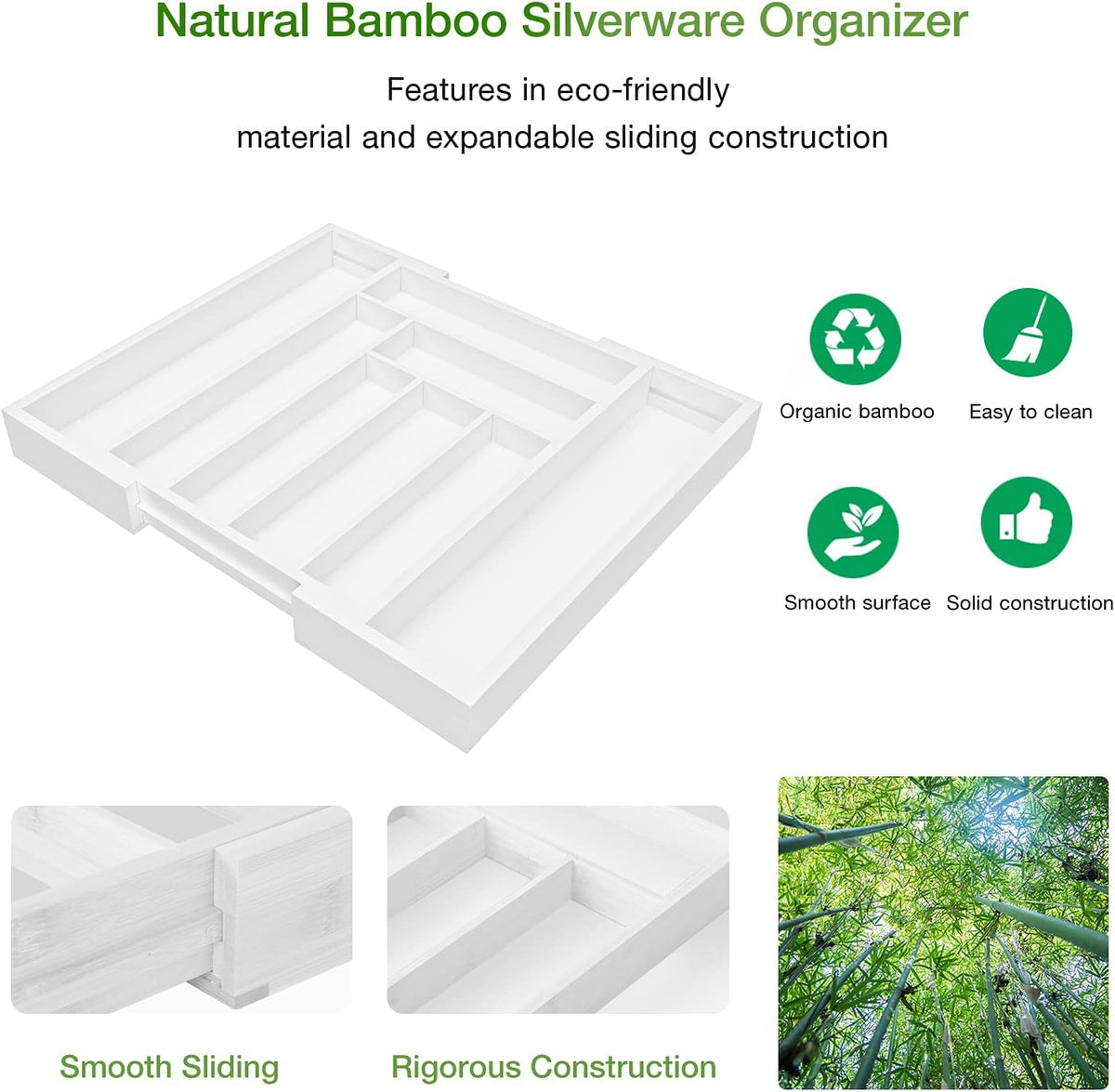 Bamboo Expandable Silverware Drawer Organizer, Adjustable Kitchen Utensil Tray for Forks, Spoons and Knives, Wood Storage Cutlery Holder for Bedroom and Living Room