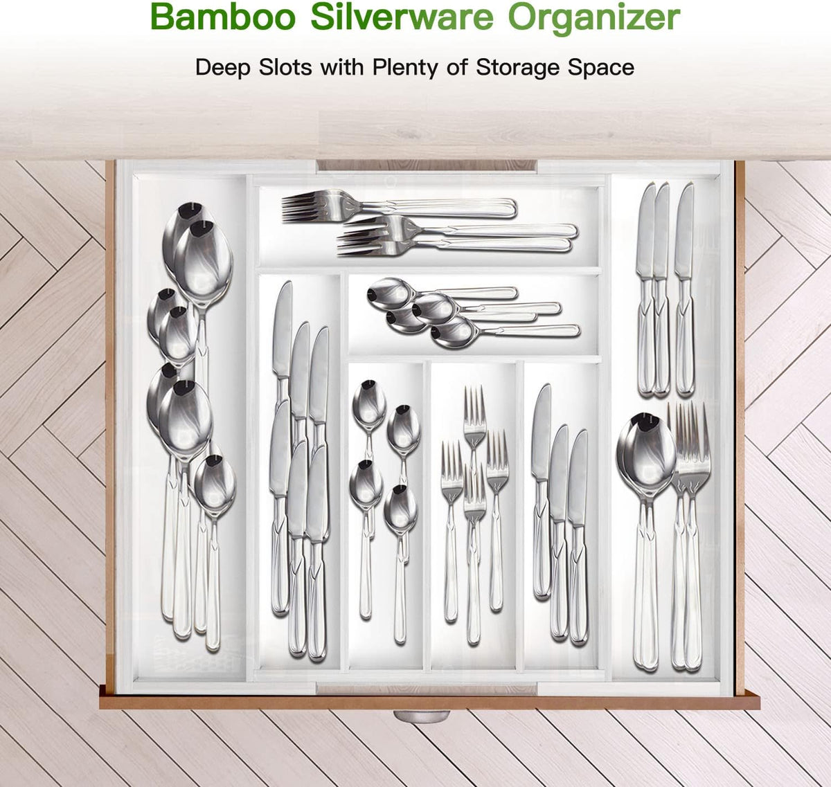 Bamboo Expandable Silverware Drawer Organizer, Adjustable Kitchen Utensil Tray for Forks, Spoons and Knives, Wood Storage Cutlery Holder for Bedroom and Living Room