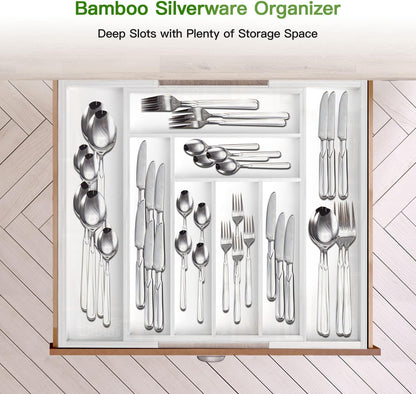 Bamboo Expandable Silverware Drawer Organizer, Adjustable Kitchen Utensil Tray for Forks, Spoons and Knives, Wood Storage Cutlery Holder for Bedroom and Living Room