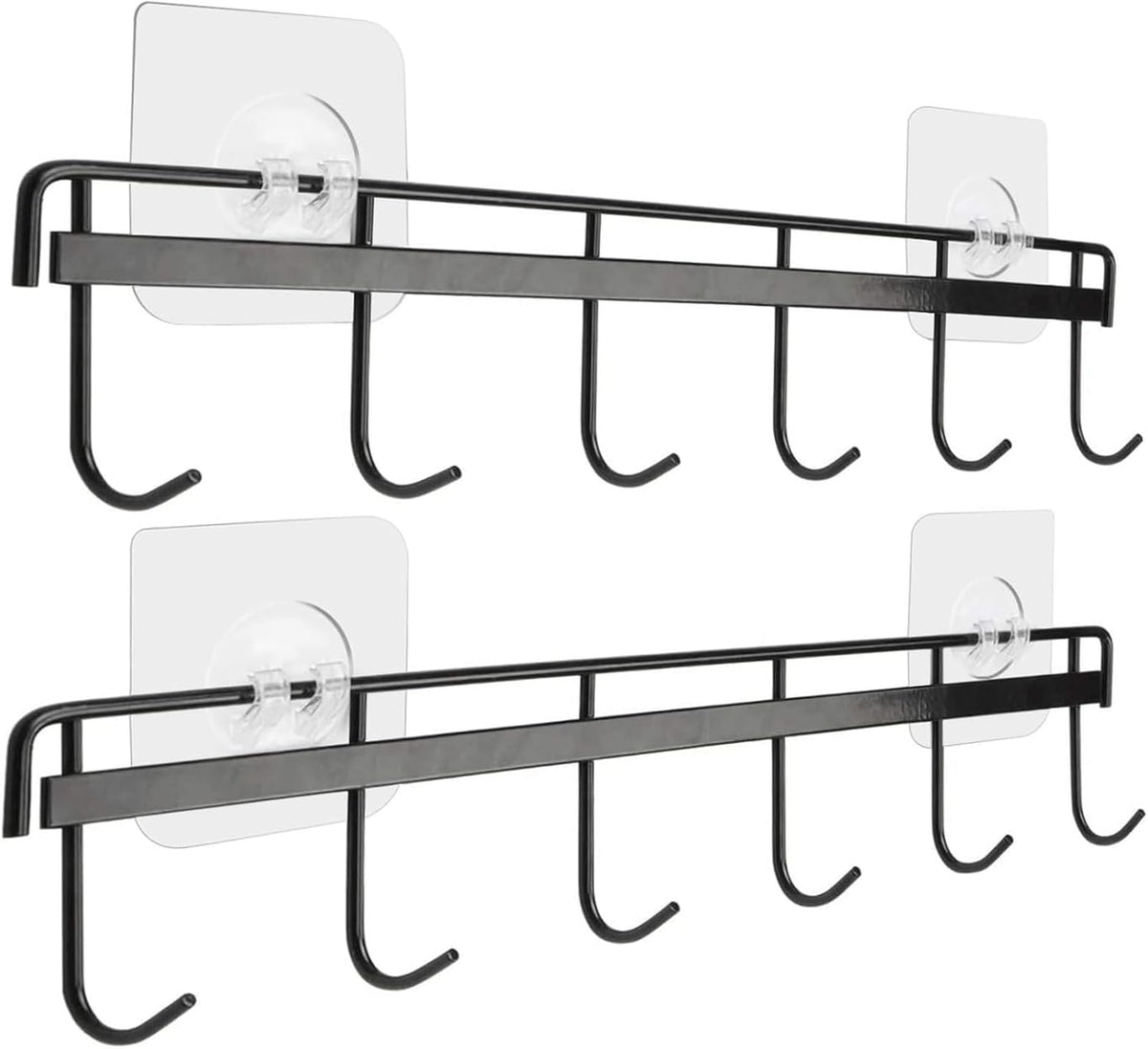 Adhesive Wall Hooks Rack Kitchen Rail, Space Saving Utensil Holder No Drilling Wall Mounted Accessory Hanger with 6 Hooks for Kitchen Bathroom Bedroom Pack of 2 (Black)