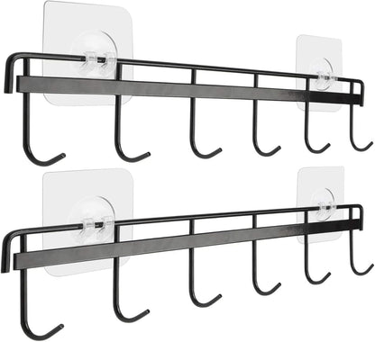 Adhesive Wall Hooks Rack Kitchen Rail, Space Saving Utensil Holder No Drilling Wall Mounted Accessory Hanger with 6 Hooks for Kitchen Bathroom Bedroom Pack of 2 (Black)