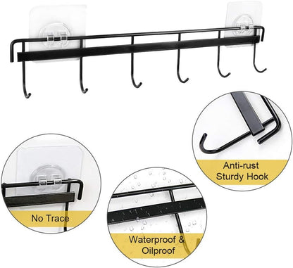 Adhesive Wall Hooks Rack Kitchen Rail, Space Saving Utensil Holder No Drilling Wall Mounted Accessory Hanger with 6 Hooks for Kitchen Bathroom Bedroom Pack of 2 (Black)