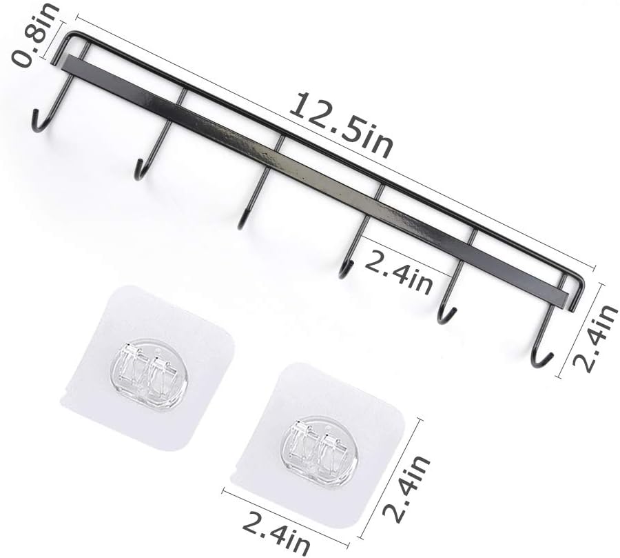 Adhesive Wall Hooks Rack Kitchen Rail, Space Saving Utensil Holder No Drilling Wall Mounted Accessory Hanger with 6 Hooks for Kitchen Bathroom Bedroom Pack of 2 (Black)