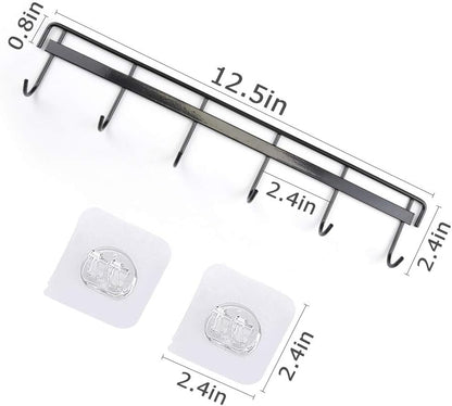 Adhesive Wall Hooks Rack Kitchen Rail, Space Saving Utensil Holder No Drilling Wall Mounted Accessory Hanger with 6 Hooks for Kitchen Bathroom Bedroom Pack of 2 (Black)