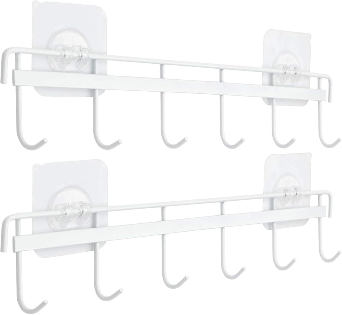 Adhesive Wall Hooks Rack Kitchen Rail, Space Saving Utensil Holder No Drilling Wall Mounted Accessory Hanger with 6 Hooks for Kitchen Bathroom Bedroom Pack of 2 (Black)