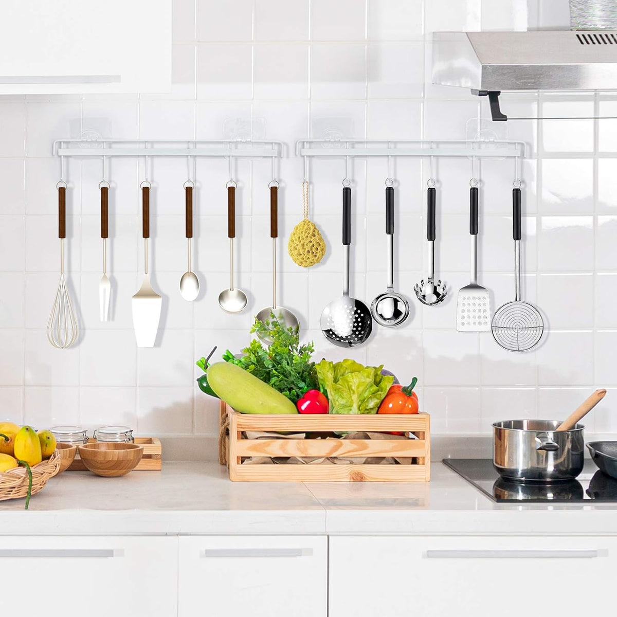 Adhesive Wall Hooks Rack Kitchen Rail, Space Saving Utensil Holder No Drilling Wall Mounted Accessory Hanger with 6 Hooks for Kitchen Bathroom Bedroom Pack of 2 (Black)