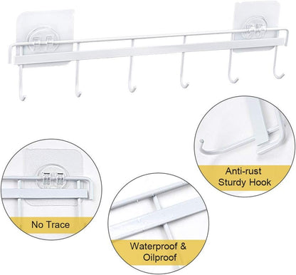Adhesive Wall Hooks Rack Kitchen Rail, Space Saving Utensil Holder No Drilling Wall Mounted Accessory Hanger with 6 Hooks for Kitchen Bathroom Bedroom Pack of 2 (Black)