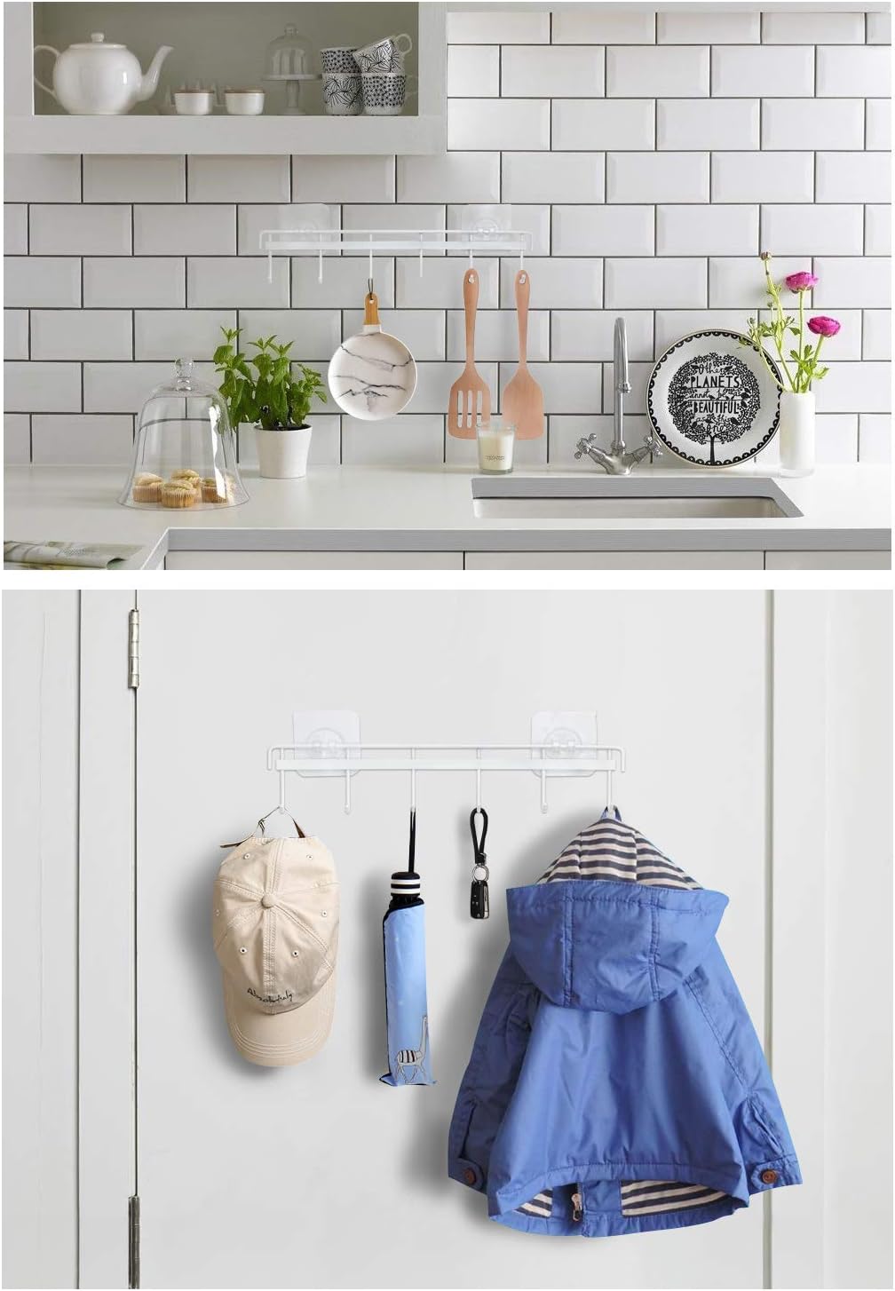 Adhesive Wall Hooks Rack Kitchen Rail, Space Saving Utensil Holder No Drilling Wall Mounted Accessory Hanger with 6 Hooks for Kitchen Bathroom Bedroom Pack of 2 (Black)