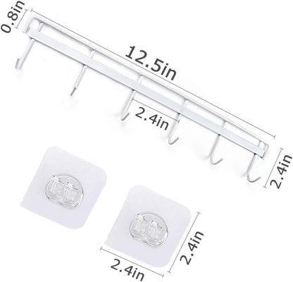 Adhesive Wall Hooks Rack Kitchen Rail, Space Saving Utensil Holder No Drilling Wall Mounted Accessory Hanger with 6 Hooks for Kitchen Bathroom Bedroom Pack of 2 (Black)
