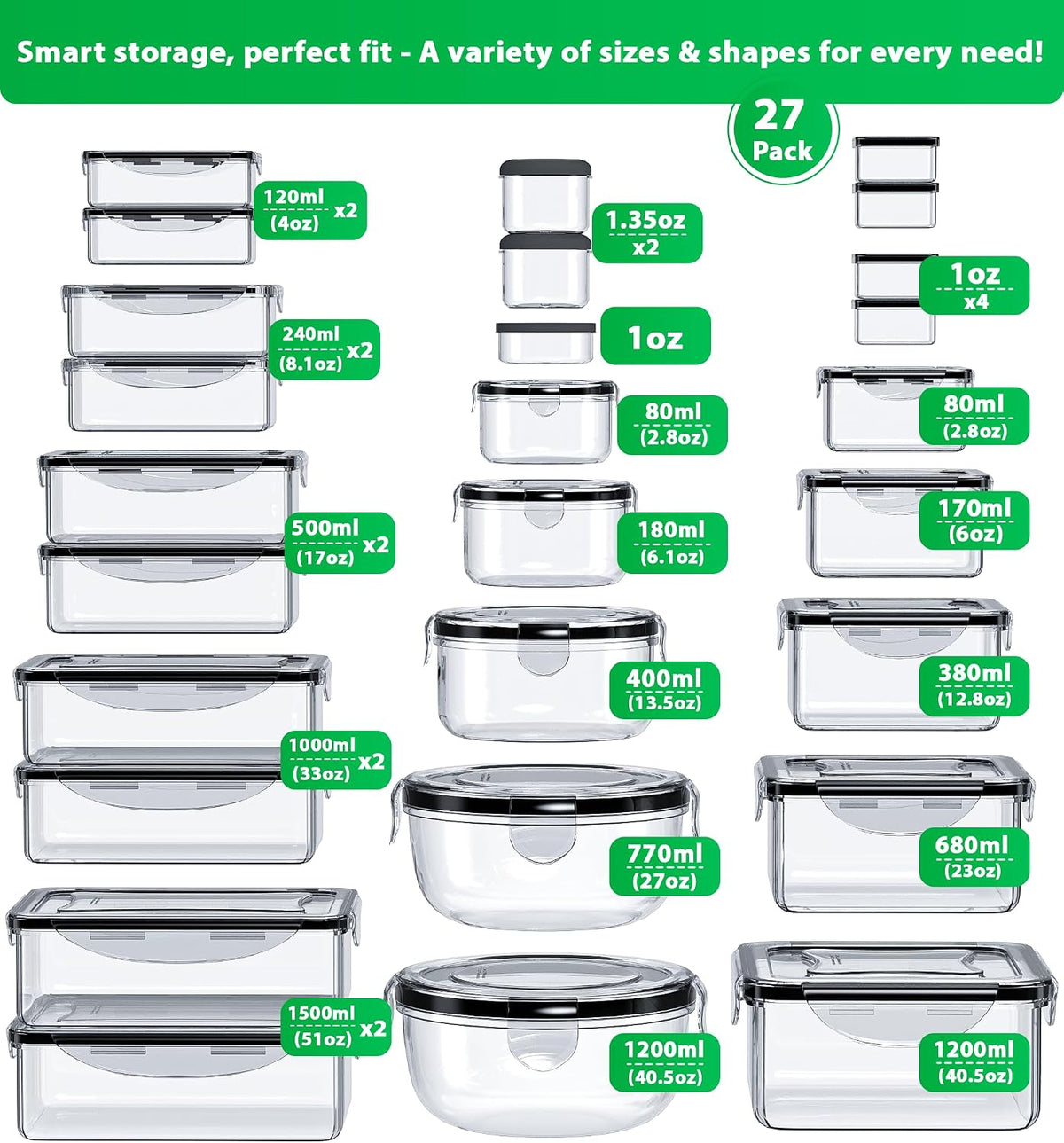 Food Storage Containers with Lids Airtight, (27 Containers &27 Lids) Reusable BPA-Free Plastic Food Containers for Kitchen Organization, Leak Proof Freezer/Microwave Safe Meal Prep Lunch Boxes