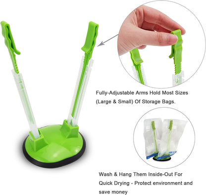 Baggy Rack Hands-Free Clip Food Storage Freezer Baggy Holder,Bag Holder For Plastic Bags Stand/Pack of 2 Green
