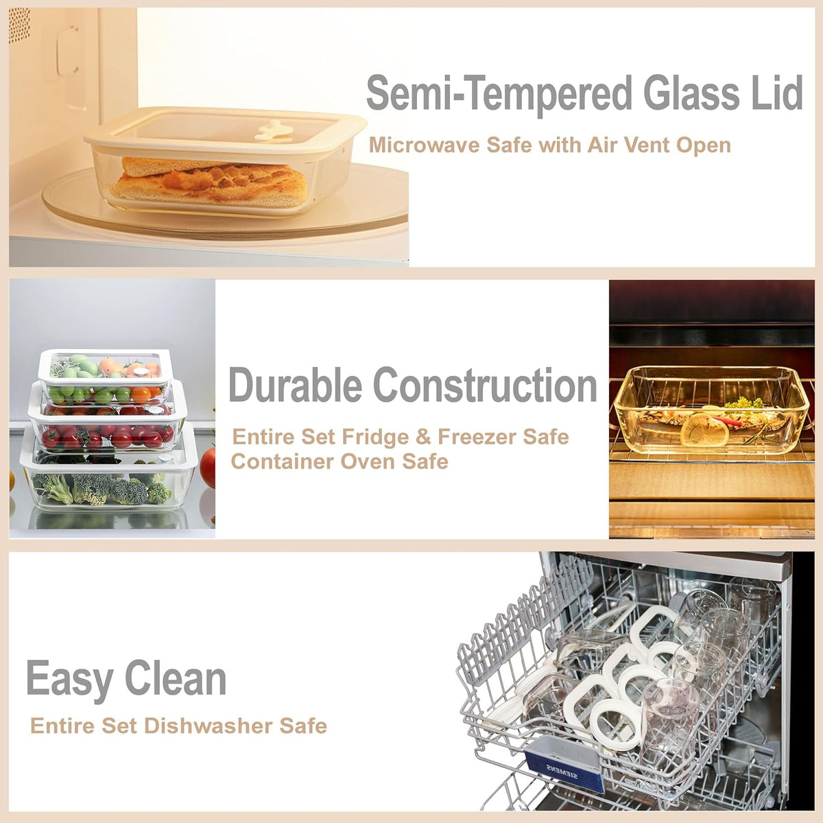 Urban Green Glass Food Container Set with Silicone Glass Lid, 3 Pack, Airtight, LeakProof, 100% Plastic Free, Meal Prep Containers (White Color)