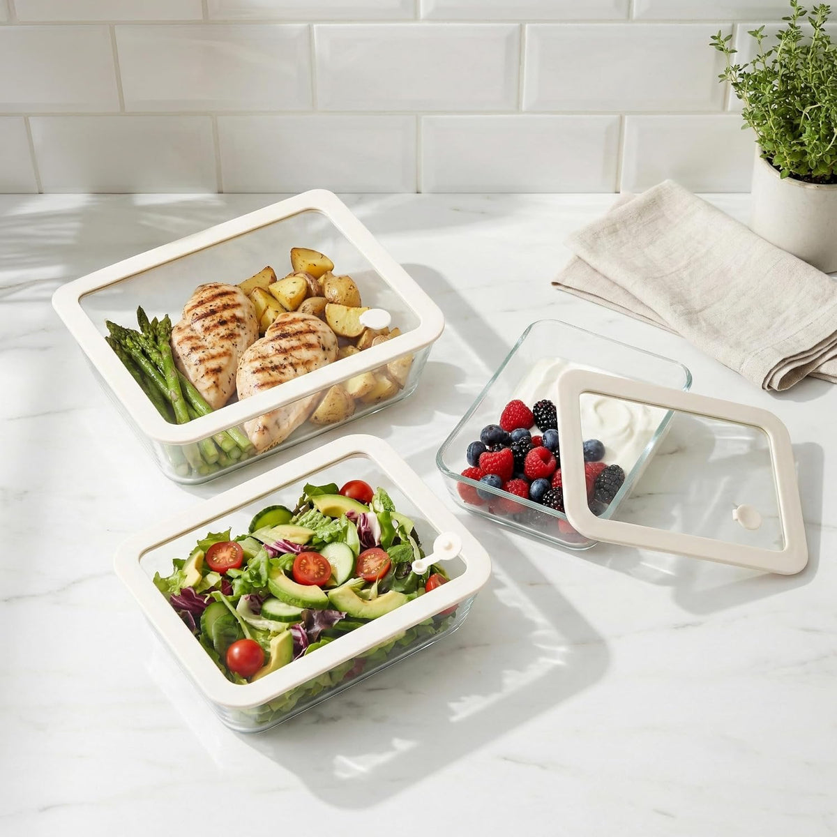 Urban Green Glass Food Container Set with Silicone Glass Lid, 3 Pack, Airtight, LeakProof, 100% Plastic Free, Meal Prep Containers (White Color)