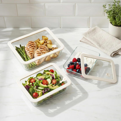 Urban Green Glass Food Container Set with Silicone Glass Lid, 3 Pack, Airtight, LeakProof, 100% Plastic Free, Meal Prep Containers (White Color)